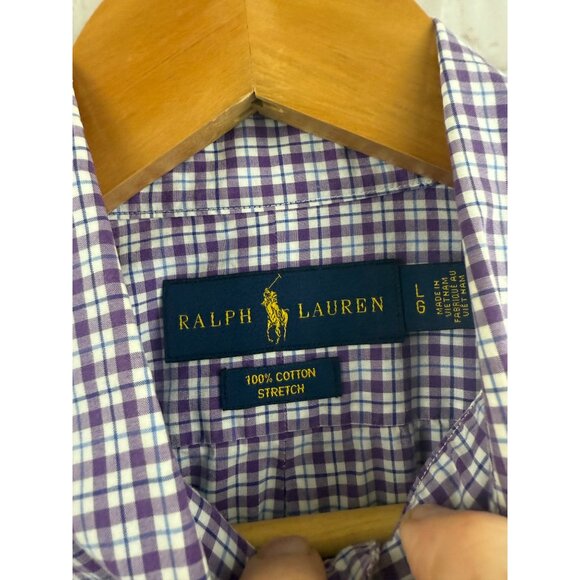 Ralph Lauren Shirt Mens Size Large Purple White Plaid Cotton Stretch Button Down - Picture 4 of 6